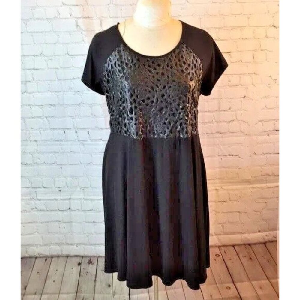 NY Collection Dress Black Blouson Faux Leather Bodice Short Sleeve Size 1X